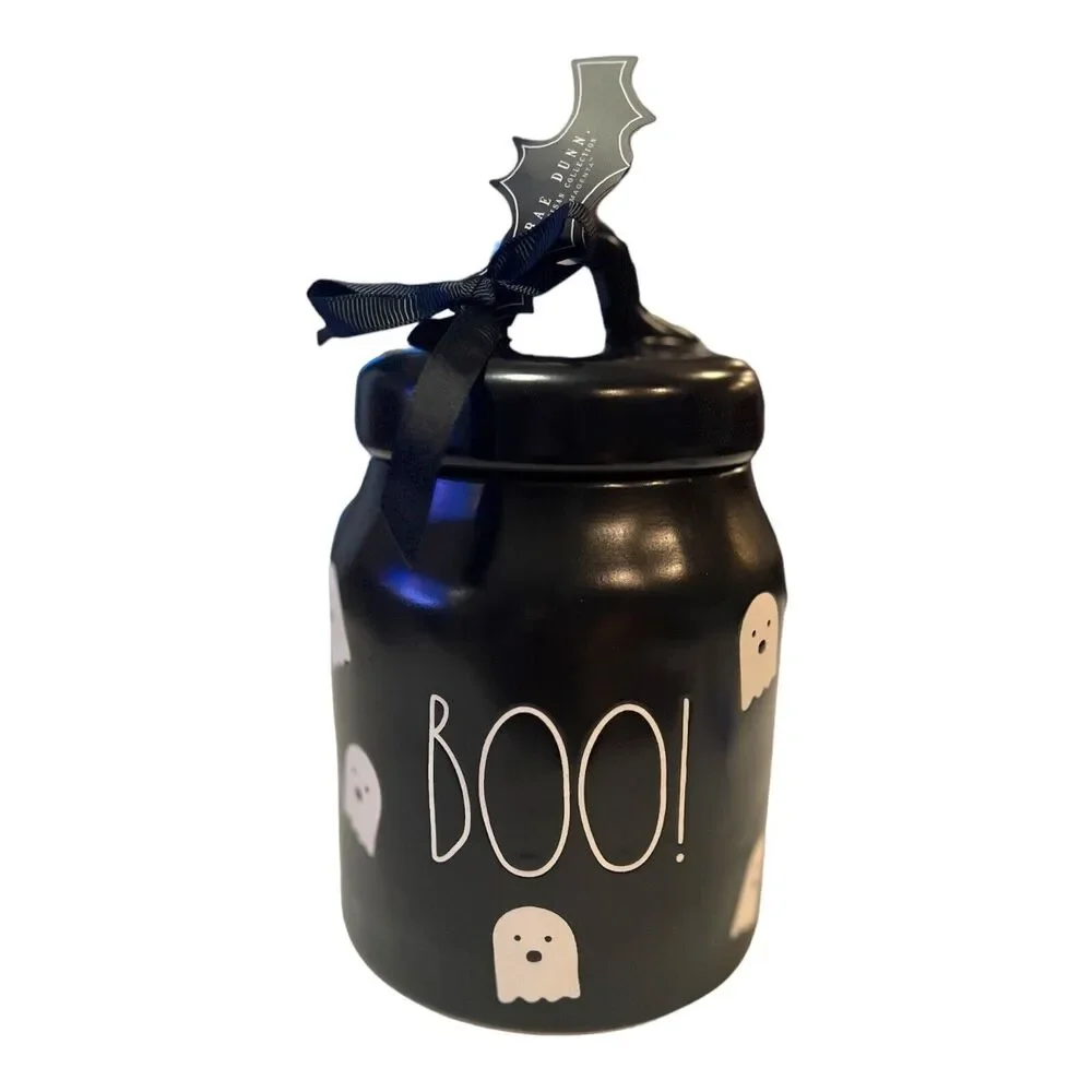 Rae Dunn BOO Cute Ghosts Black / White Halloween Canister  Candy Jar Viral Ghost